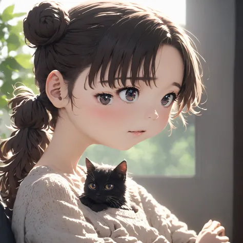 best quality、black catを抱く女の子、cute 14 year old girl、brown hair tied into a bun、black cat、natural appearance、long shot、natural lig...