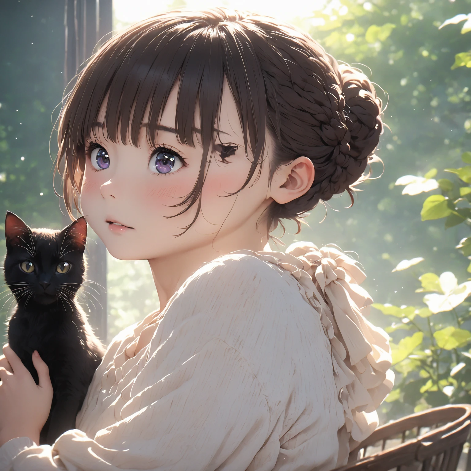 best quality、Black Catを抱く女の子、Cute 14 year old girl、Brown hair tied into a bun、Black Cat、Natural appearance、Long Shot、Natural light