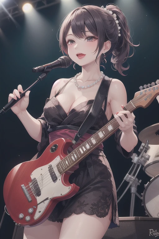 4 beautiful mature Japanese women aged 55, rock band, Four-piece band, Long eyelashes, Low Ponytail, Red lipstick, Pearl Necklace, Earrings, Dark eyeshadow, Cleavage, Flashy clothing, guitar, base, drums and vocals, 