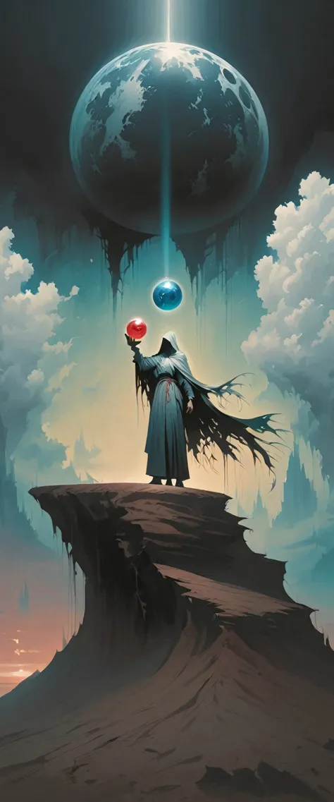 Astrologer standing on the edge of a cliff,Holding a magic ball in hand，Alex Andreev Style - Absurd、Fear、Minimalist Surrealism