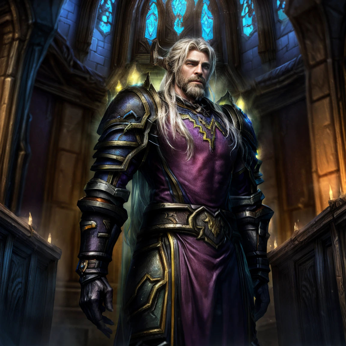 Draego, a medieval knight in shining armor, standing in front of an altar in a large cathedral, dramatic backdrop, high contrast, wide angle lens, vibrant colors, serene, detailed intricate armor, flowing cape, determined facial expression, sunlight streaming through stained glass windows, ornate altar with candles, dramatic shadows, cinematic composition, photorealistic, 8k, hyper detailed, masterpiece, (((World of warcraft stormwind:1.2)))
