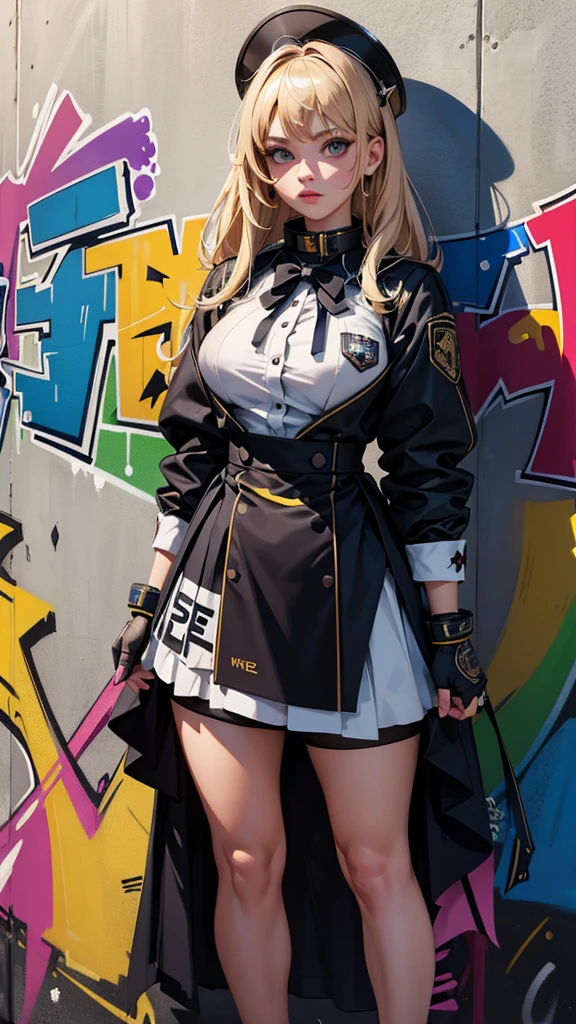 (Highest quality), masterpiece, Highly detailed CG uniform 8K illustrations, High collar, extremely High collar saturation, All the colors have deepened, paint, Graffiti art, Center Configuration, Highly detailed lights and shadows, Graffiti wall, wall painted bright, A girl&#39;s graffiti A girl is staring at the wall, Highly detailed face and eyes, Medium length hair, Sportswear, Coloured Clouds