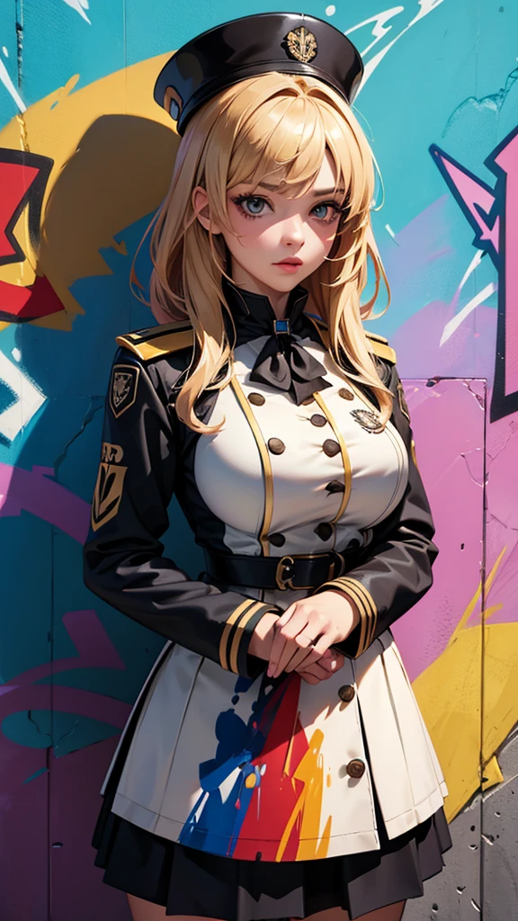 (mais alta qualidade), obra de arte, Ilustrações altamente detalhadas do uniforme CG 8K, gola alta, extremely gola alta saturation, Todas as cores se aprofundaram, pintar, arte do grafite, Configuração Central, Luzes e sombras altamente detalhadas, parede de graffiti, wall pintared bright, uma garota&#39;s graffiti uma garota is staring at the wall, Rosto e olhos altamente detalhados, Cabelo de comprimento médio, roupa de esporte, Nuvens Coloridas