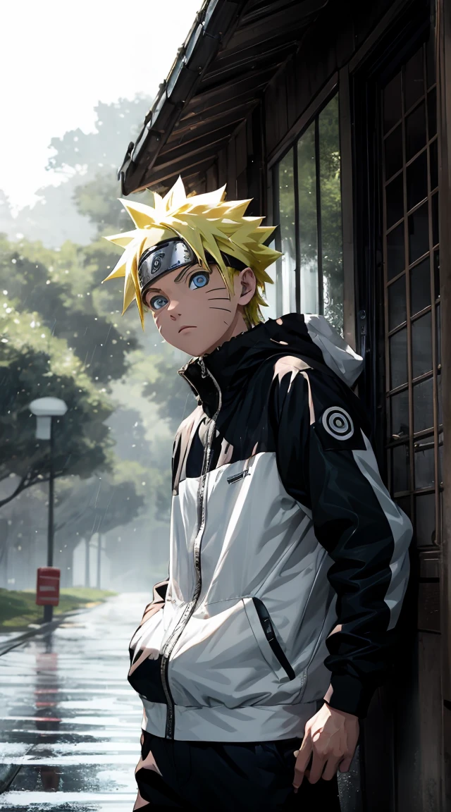 obra de arte, Estilo excelente, roupas urbanas, Floresta ao ar livre , meio corpo, Uzumaki Naruto, olhos azuis, Cabelo amarelo curto,um menino, chuva, ninguém, 