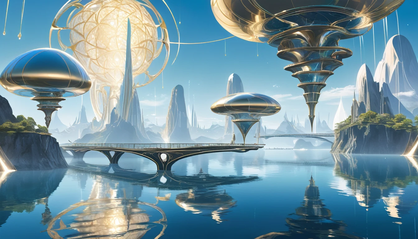 A surreal dreamscape of floating metallic islands, each with its own unique design and purpose, connected by shimmering bridges of light.