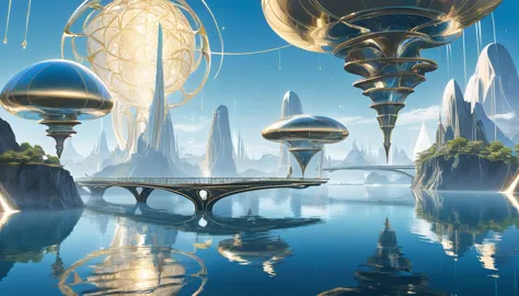 A surreal dreamscape of floating metallic islands, each with its own unique design and purpose, connected by shimmering bridges ...