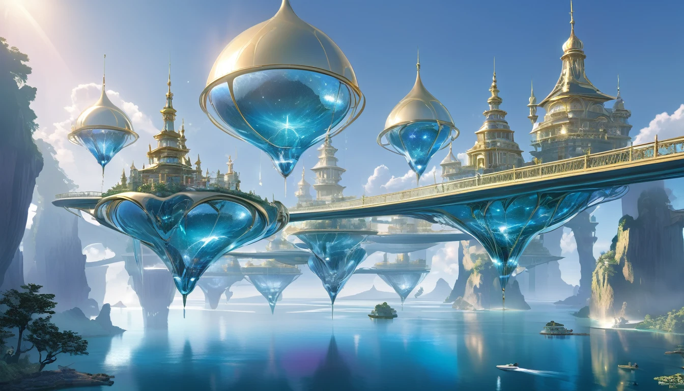 A surreal dreamscape of floating metallic islands, each with its own unique design and purpose, connected by shimmering bridges of light.