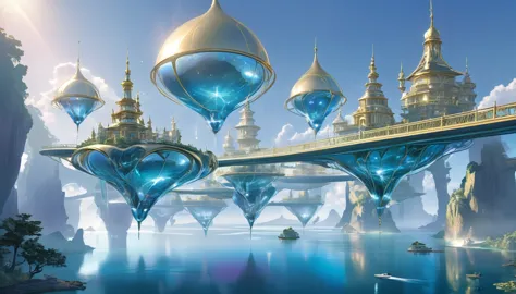 A surreal dreamscape of floating metallic islands, each with its own unique design and purpose, connected by shimmering bridges ...