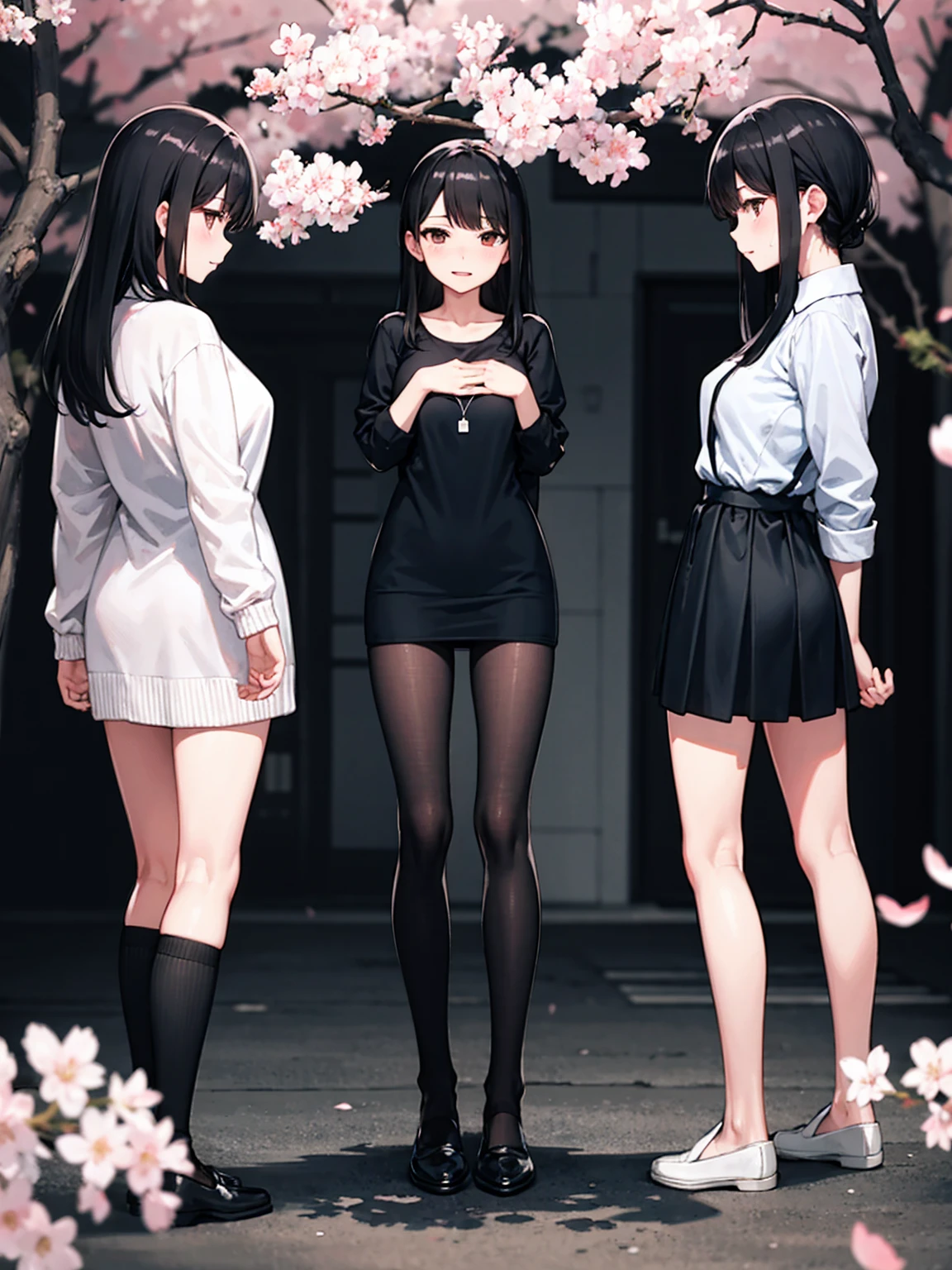 (high resolution)Cherry Blossom Park、Standing with arms folded behind back、Sister with long black hair、Black Stockings、Office Casual