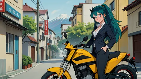 (score_9, score_8_up, score_7_up), lum, solo, long hair, bangs, green hair, blue eyes, aqua hair, tiny horns, eyeshadow, breasts...