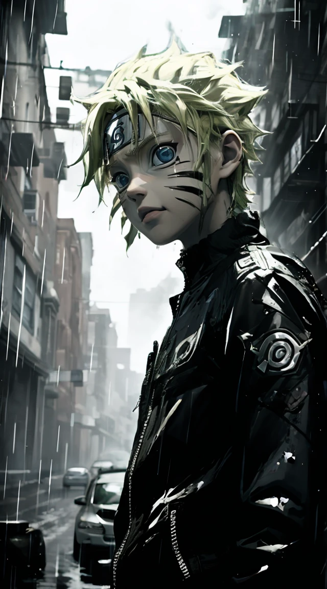 Masterpiece, Superb Style, streewear chothes, Outdoor forest , half Body, Uzumaki Naruto, blue eyes, short yellow hair,a boy, rain, no people, detail face, 
