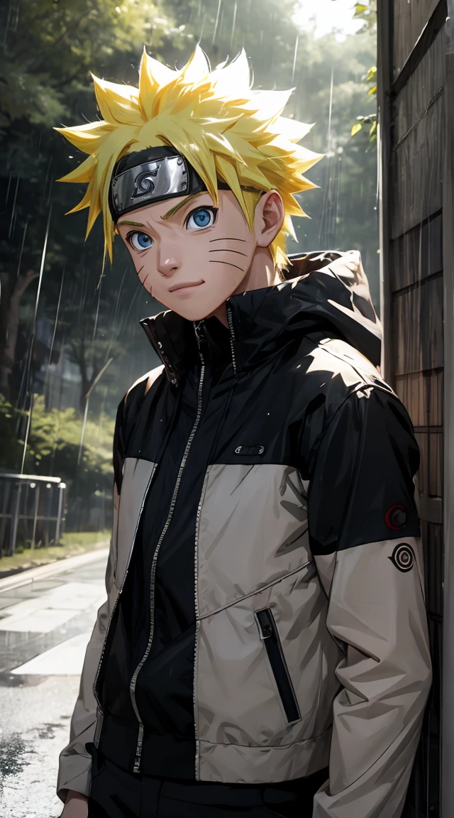 chef-d&#39;œuvre, Style superbe, vêtements streetwear, Forêt extérieure , demi-corps, Uzumaki Naruto, yeux bleus, cheveux jaunes courts,un garçon, pluie, personne, visage de détail, 