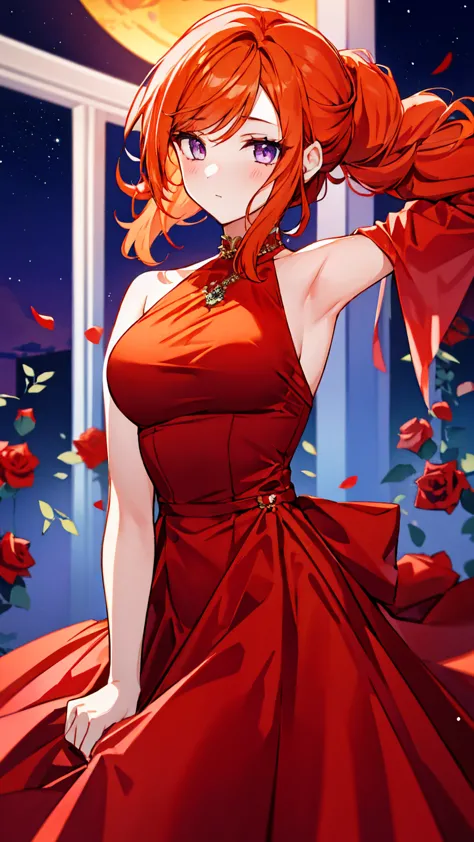 1 girl, beautiful girl, orange hair, braid tie hair, purple eyes.  Wear Red evening dress, roses . 