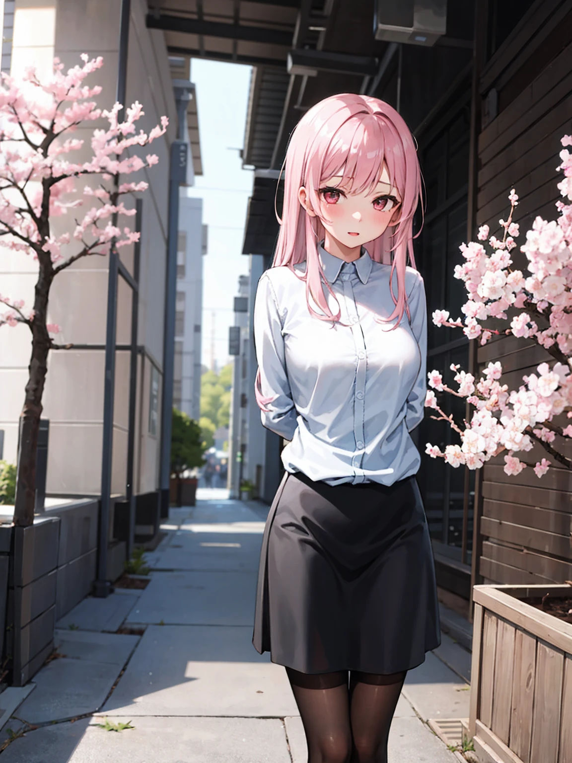(high resolution)1girl、(One girl)、Cherry Blossom Park、Standing with arms folded behind back、Sister with long black hair、Black Stockings、Office Casual