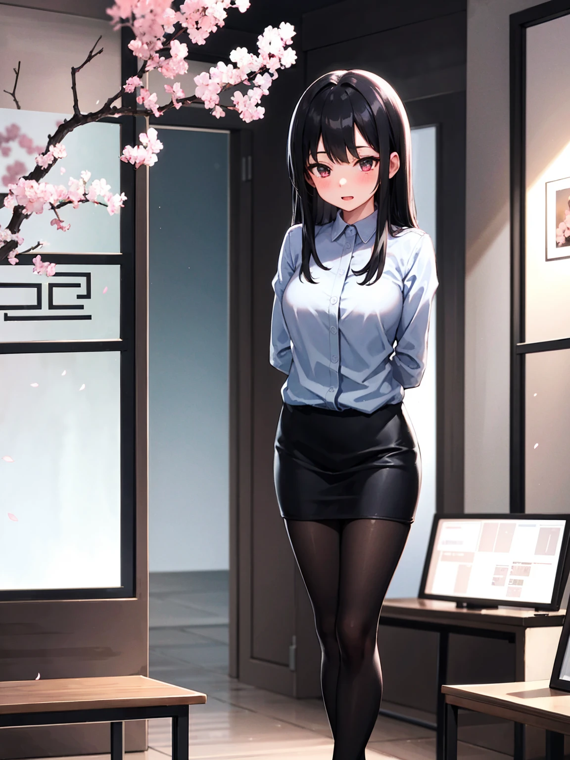 (high resolution)1girl、(One girl)、Cherry Blossom Park、Standing with arms folded behind back、Sister with long black hair、Black Stockings、Office Casual