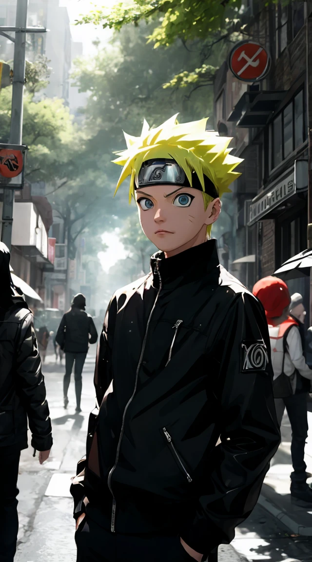 Masterpiece, Superb Style, streewear chothes, Outdoor forest , half Body, Uzumaki Naruto, blue eyes, short yellow hair,a boy, rain, no people, detail face, 