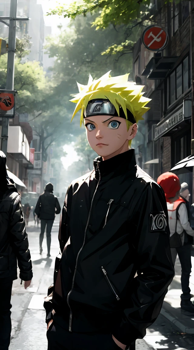 chef-d&#39;œuvre, Style superbe, vêtements streetwear, Forêt extérieure , demi-corps, Uzumaki Naruto, yeux bleus, cheveux jaunes courts,un garçon, pluie, personne, visage de détail, 