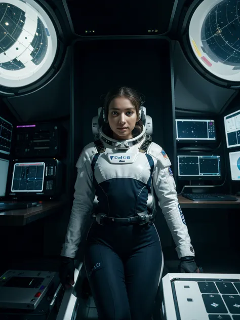 Superb quality, a female astrologer in sapcesuit, Extravehicular Mobility Unit, floats around inside a spacelab surrounded with ...