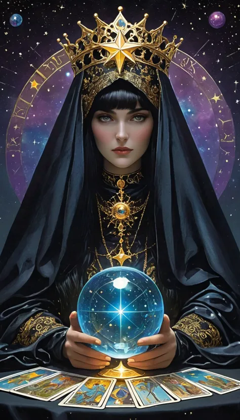 a ornate tarot card, a robed astrologer sat quietly at a table full of symbols and holding a crystal star-chart-ball, with a tex...