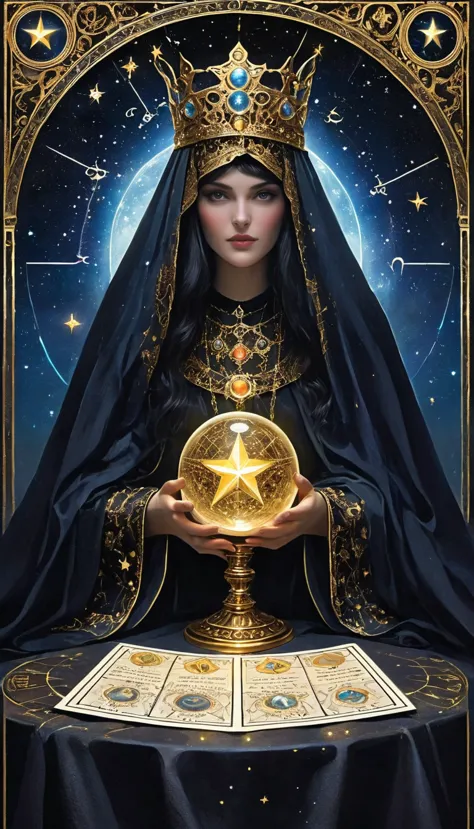 a ornate tarot card, a robed astrologer sat quietly at a table full of symbols and holding a crystal star-chart-ball, with a tex...