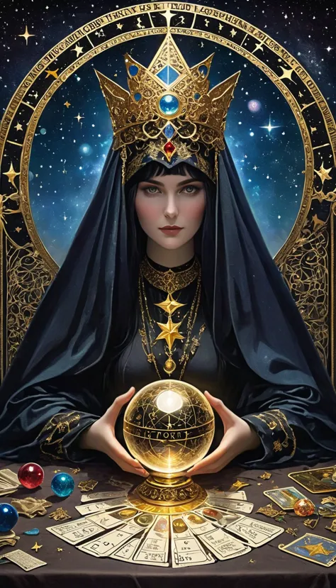 a ornate tarot card, a robed astrologer sat quietly at a table full of symbols and holding a crystal star-chart-ball, with a tex...