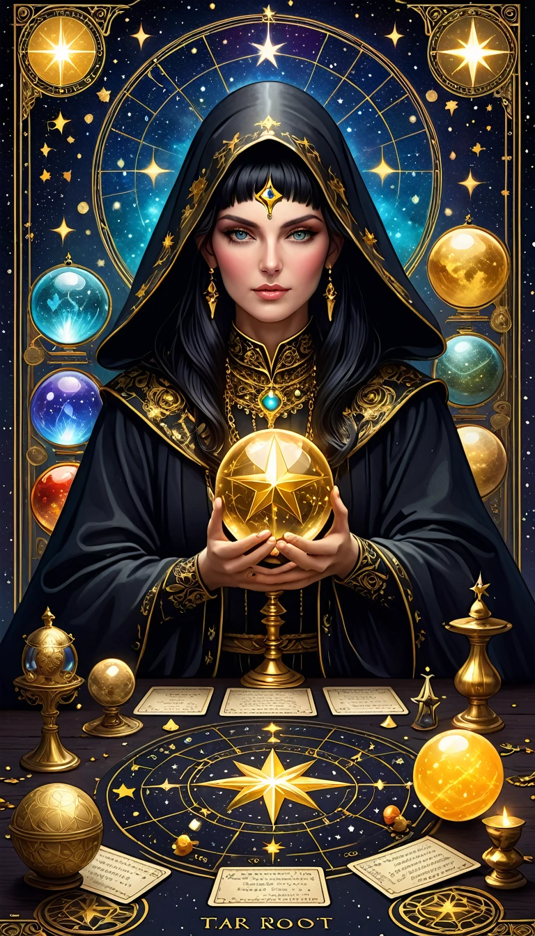 A Ornate Tarot Card, a robed astrologer sat quietly at a table full of symbols and holding a crystal star-chart-ball, with a text at the bottom of the card, close on face, tarot card, extremely high quality for texture, front and two sides, it's full of mystical magic, the front and two sides are on the card, the overall color is dark black and shiny gold, reflecting and shiny gold, ultra detailed face, ultra detailed clothes texture, ultra details,