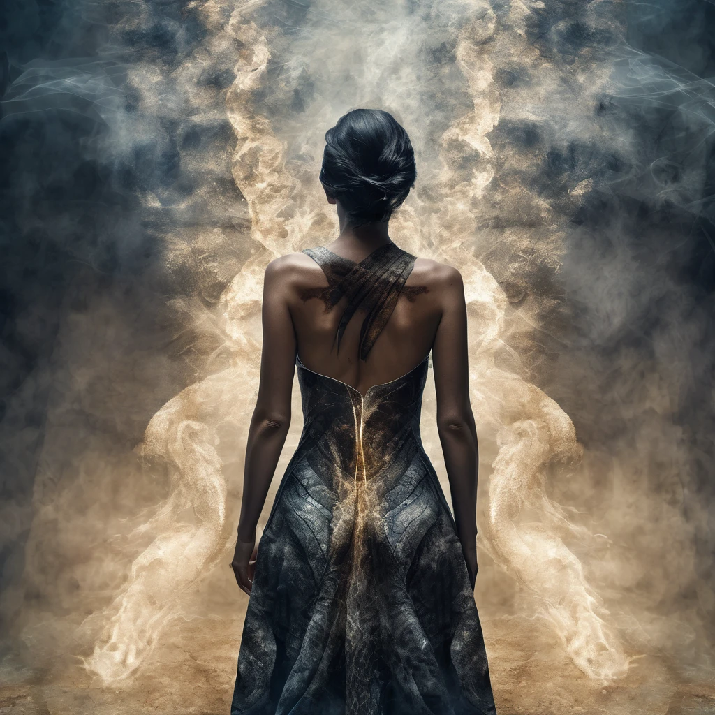 (masterpiece, best quality:1.2), photoillustrasion of double exposure of merged, a woman in cloak (( two tones, a woman composed from ashes, a woman composed from light)), a live slithering-serpent (transparency effect of serpent images fit on her back), seamless mix, front view,  texture and pattern, transparency effect, dramatic shadows, dramatic lights, interlacing elements, fit-image on her back, back view, fantasy art, digital manipulated photo art