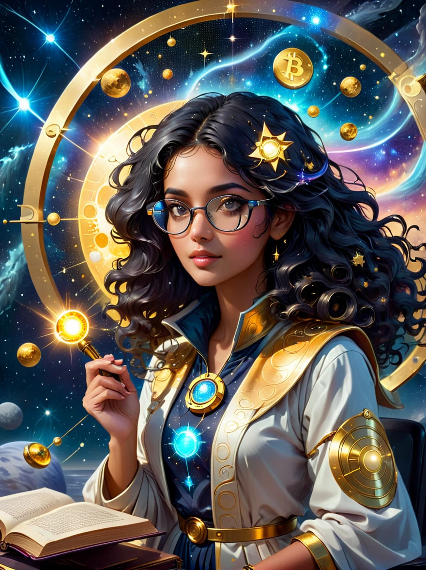 An astrologer from the future, peering into a golden astronomy tool against the backdrop of a starry sky. The astrologer, a South-Asian woman with long, curly, black hair and glasses, is gazing at a holographic representation of a cryptocurrency symbol floating and glowing. She's wearing a shimmering, futuristic outfit that resembles traditional stargazer attire. Her desk is cluttered with ancient astrology books contrasted with highly advanced tech gadgets. This image captures the fascinating clash of tradition and future.