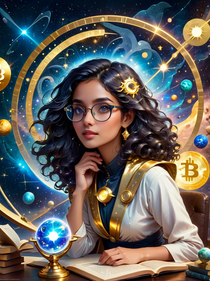 An astrologer from the future, peering into a golden astronomy tool against the backdrop of a starry sky. The astrologer, a South-Asian woman with long, curly, black hair and glasses, is gazing at a holographic representation of a cryptocurrency symbol floating and glowing. She's wearing a shimmering, futuristic outfit that resembles traditional stargazer attire. Her desk is cluttered with ancient astrology books contrasted with highly advanced tech gadgets. This image captures the fascinating clash of tradition and future.