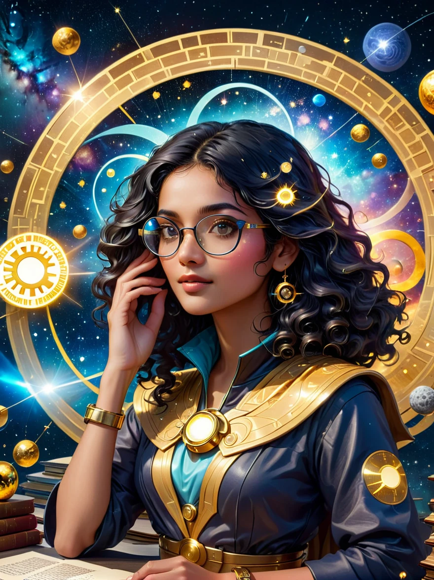 Un astrologue du futur, scrutant un outil d&#39;astronomie doré sur fond de ciel étoilé. l&#39;astrologue, une femme sud-asiatique avec de longues, Bouclé, cheveux noirs et lunettes, regarde une représentation holographique d’un symbole de crypto-monnaie flottant et brillant. Elle porte un chatoyant, tenue futuriste qui ressemble à la tenue traditionnelle des astronomes. Son bureau est encombré d&#39;anciens livres d&#39;astrologie contrastés avec des gadgets technologiques très avancés.. Cette image capture le choc fascinant de la tradition et du futur.