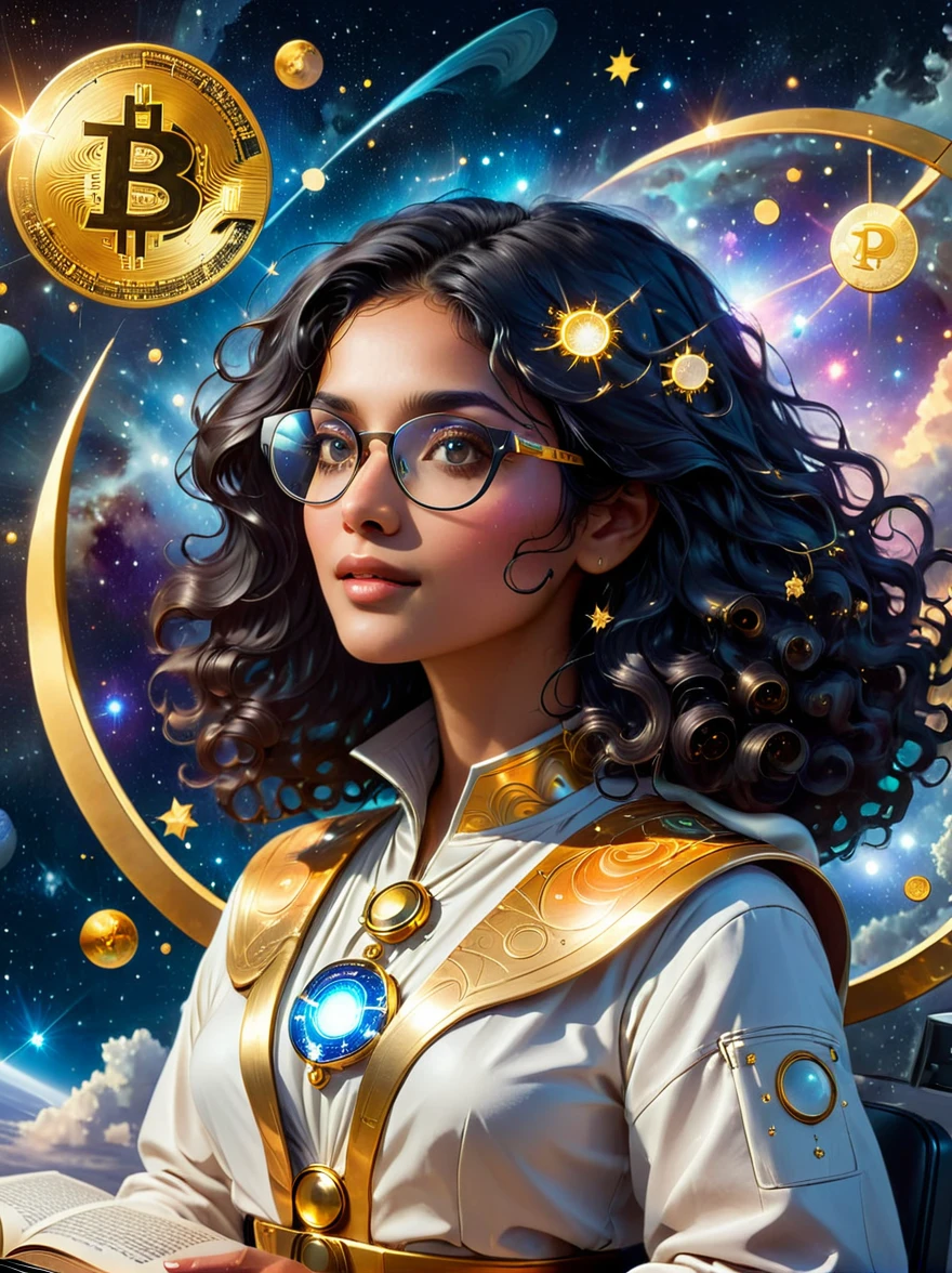 An astrologer from the future, peering into a golden astronomy tool against the backdrop of a starry sky. The astrologer, a South-Asian woman with long, curly, black hair and glasses, is gazing at a holographic representation of a cryptocurrency symbol floating and glowing. She's wearing a shimmering, futuristic outfit that resembles traditional stargazer attire. Her desk is cluttered with ancient astrology books contrasted with highly advanced tech gadgets. This image captures the fascinating clash of tradition and future.