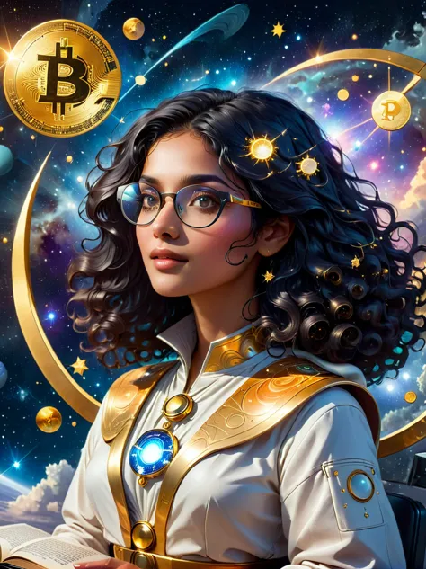 An astrologer from the future, peering into a golden astronomy tool against the backdrop of a starry sky. The astrologer, a Sout...