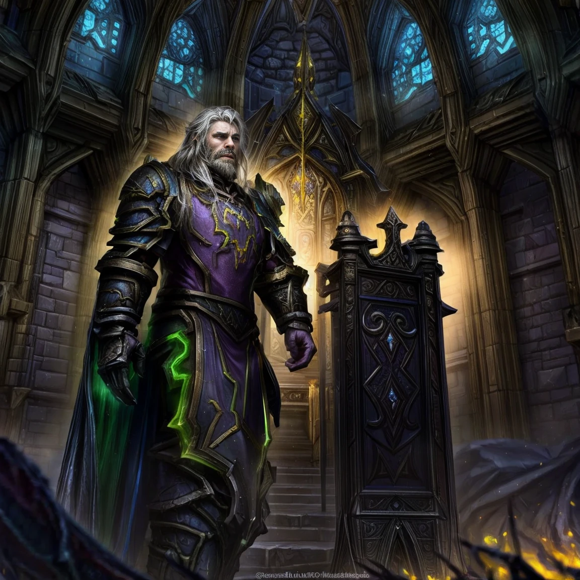 Draego, a medieval knight in shining armor, standing in front of an altar in a large cathedral, dramatic backdrop, high contrast, wide angle lens, vibrant colors, serene, detailed intricate armor, flowing cape, determined facial expression, sunlight streaming through stained glass windows, ornate altar with candles, dramatic shadows, cinematic composition, photorealistic, 8k, hyper detailed, masterpiece, (((World of warcraft stormwind:1.2)))
