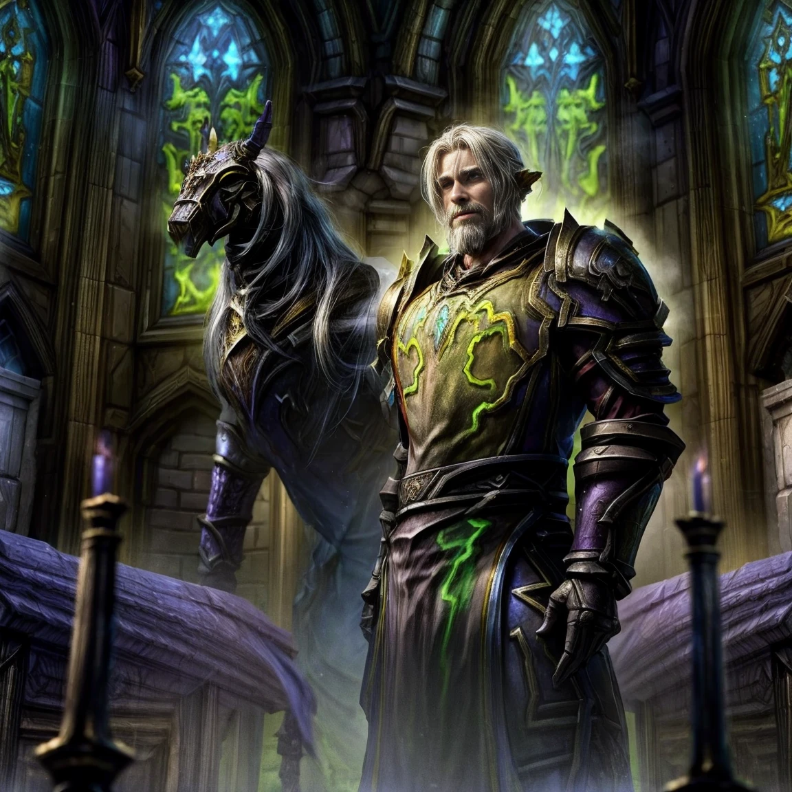 Draego, a medieval knight in shining armor, standing in front of an altar in a large cathedral, dramatic backdrop, high contrast, wide angle lens, vibrant colors, serene, detailed intricate armor, flowing cape, determined facial expression, sunlight streaming through stained glass windows, ornate altar with candles, dramatic shadows, cinematic composition, photorealistic, 8k, hyper detailed, masterpiece, (((World of warcraft stormwind:1.2)))
