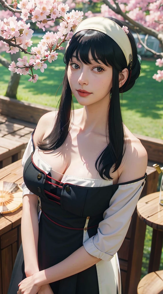 yor, Mature female,  bangs, side locks, Red eyes, Black hair, hair adornments，sportrait, (face:1.2), schoolgirls, ssmile,bare shoulders​, Black hair, cherry blossom, cleavage, (gown:1.21), clavicle, Willow Branch, (masterpiece best quality :1.2),