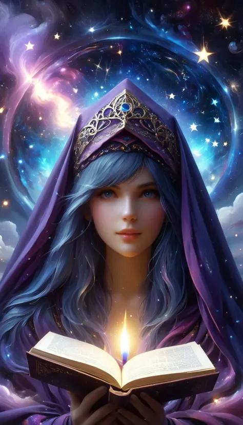 a mysterious fortune teller in a dark room, silver and deep blue tones, purple and black style, occult, occultism, dark cloak, w...