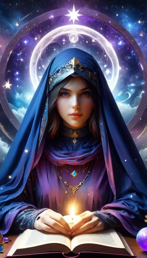 a mysterious fortune teller in a dark room, silver and deep blue tones, purple and black style, occult, occultism, dark cloak, w...