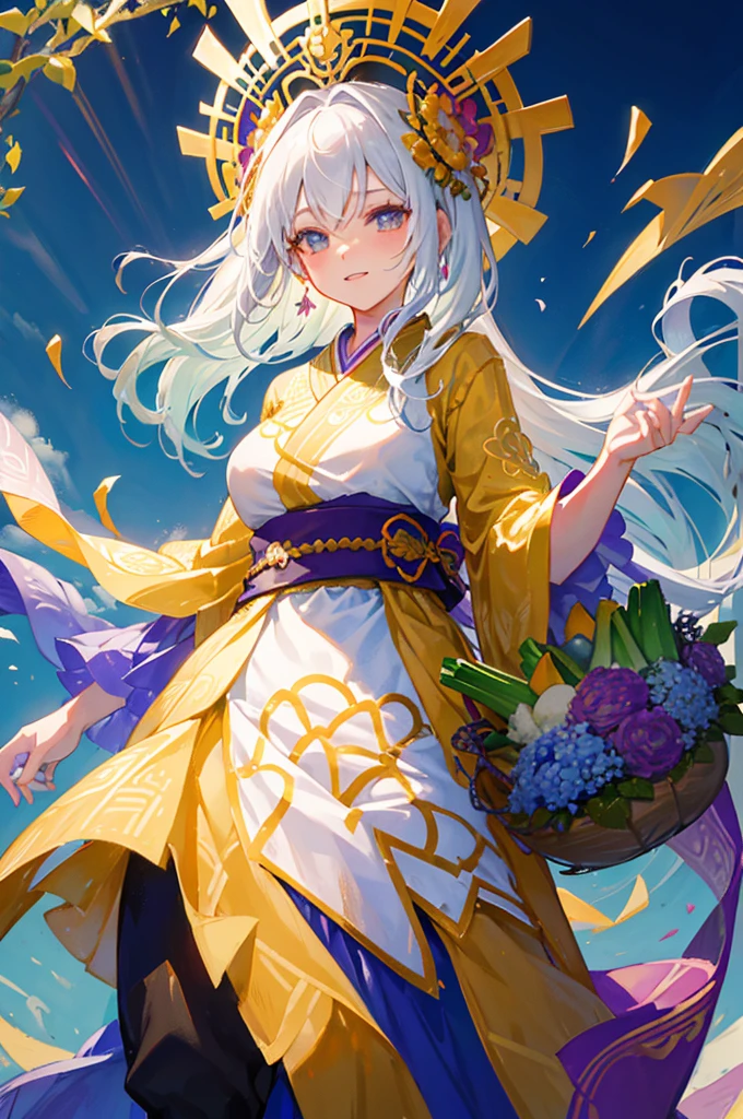 Uma mulher idosa de estilo anime com cabelo branco parada em um milharal. Ela está vestindo uma roupa elaborada que combina elementos de um junihitoe tradicional e estilo oiran, adorned with intricate patterns and cores vibrantes. O traje inclui múltiplas camadas com um elaborado cinto obi, e é decorado com detalhes luxuosos e gemas. O quimono deve ter detalhes, padrões opulentos com ouro, cores vibrantes, e gemas espalhadas, tornando-o ainda mais ornamentado e glamouroso. Ela mantém sua expressão alegre enquanto segura uma cesta de vegetais. no fundo, vários vegetais como milho, tomates, e outras verduras flutuando no ar, criando uma atmosfera extravagante. O fundo apresenta fileiras de plantas de milho sob um céu azul claro, com uma abundância de vegetais flutuantes que preenchem a cena.