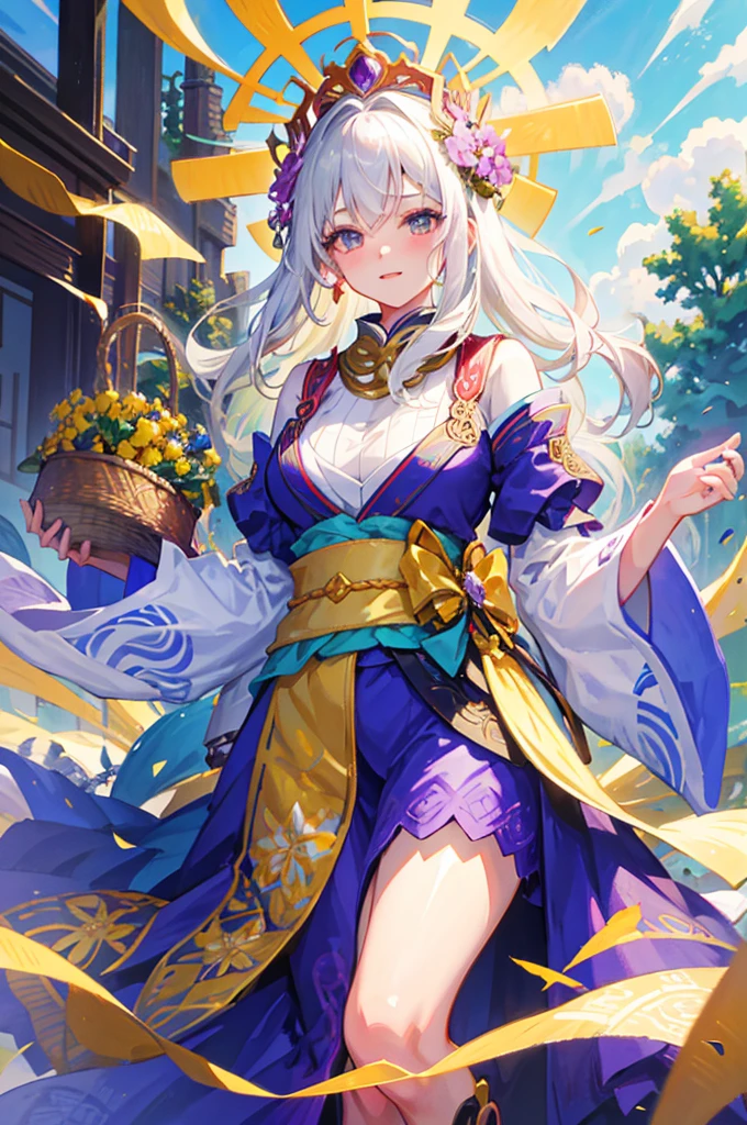 An anime-style elderly woman with white hair standing in a cornfield. She is wearing an elaborate outfit that combines elements of a traditional junihitoe and oiran style, adorned with intricate patterns and vibrant colors. The outfit includes multiple layers with an elaborate obi belt, and is decorated with luxurious details and gemstones. The kimono should have detailed, opulent patterns with gold, vibrant colors, and scattered gemstones, making it look even more ornate and glamorous. She maintains her joyful expression while holding a basket of vegetables. In the background, various vegetables like corn, tomatoes, and other greens are floating in the air, creating a whimsical atmosphere. The background features rows of corn plants under a clear blue sky, with an abundance of floating vegetables filling the scene.