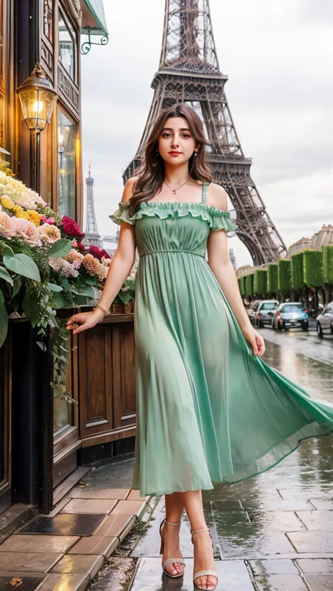 4d realistic image about beautiful turkish woman dynamic pose in the vintage of the eiffel tower background, wearing long dress,...