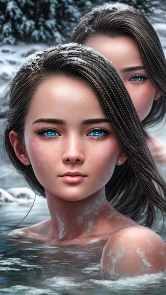 beautiful detailed eyes, beautiful detailed lips, extremely detailed eyes and face, longeyelashes, two girls in a hot spring, snow landscape, steam, sweat, (best quality,4k,8k,highres,masterpiece:1.2),ultra-detailed,(realistic,photorealistic,photo-realistic:1.37),HDR,UHD,studio lighting,ultra-fine painting,sharp focus,physically-based rendering,extreme detail description,professional,vivid colors,bokeh,portrait,landscape,realistic