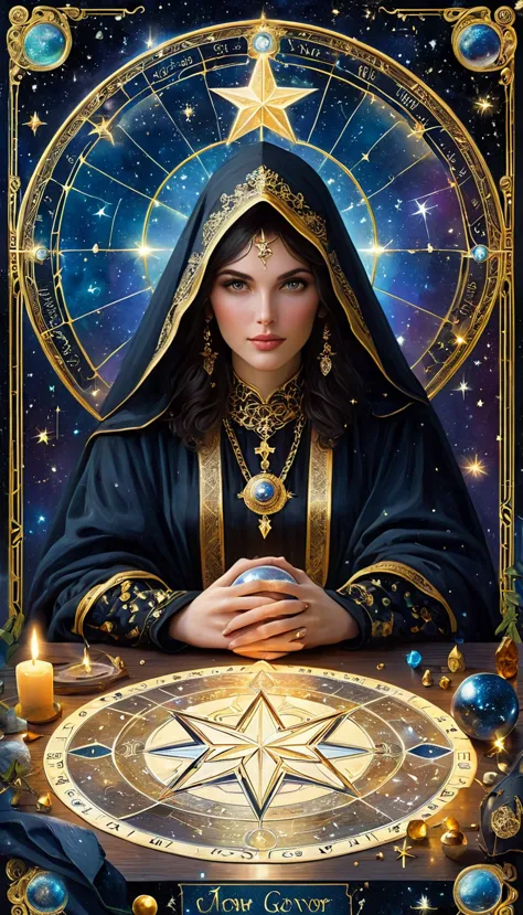 a ornate tarot card, a robed astrologer sat quietly at a table full of symbols and holding a crystal star-chart-ball, with a tex...