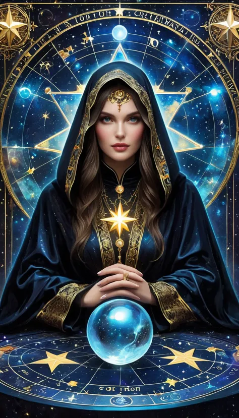 a ornate tarot card, a robed astrologer sat quietly at a table full of symbols and holding a crystal star-chart-ball, with a tex...