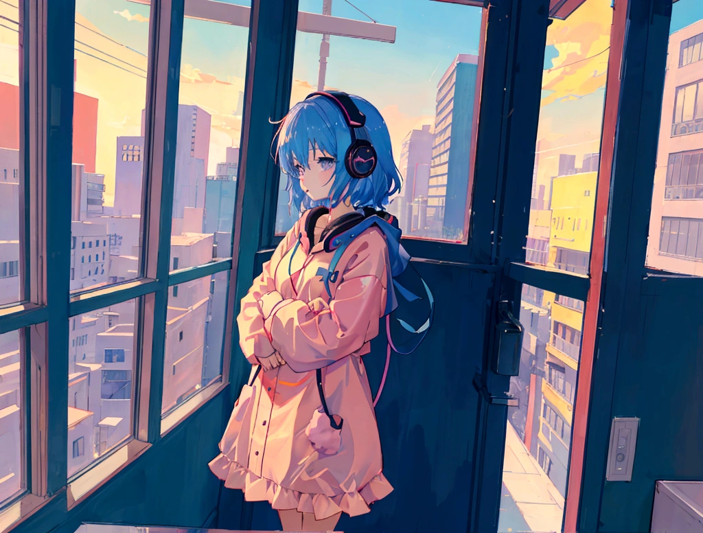 Anime girl wearing headphones looking out the window at the city, Lo-fi Girl, Kaisei and Artgelm, Anime atmosphere, Lofi Artstyle, Anime Style 4k, Anime Aesthetics, Lo-fi feeling, Lofi Art, anime art wallpaper 4k, anime art wallpaper 4k, anime wallpaper 4k, anime wallpaper 4k, An atmosphere of praise,