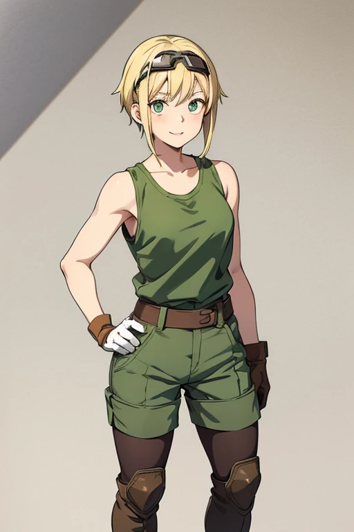 Anime Art、Full body portrait、A freckled female mechanic, about 38 years old, about 165 cm tall, wearing a white tank top and brown shorts, standing upright with her hands on her hips、Laughing with mouth open、The hairstyle is short、Blonde、wearing goggles、Green Eyes、gloves、Knee-high boots