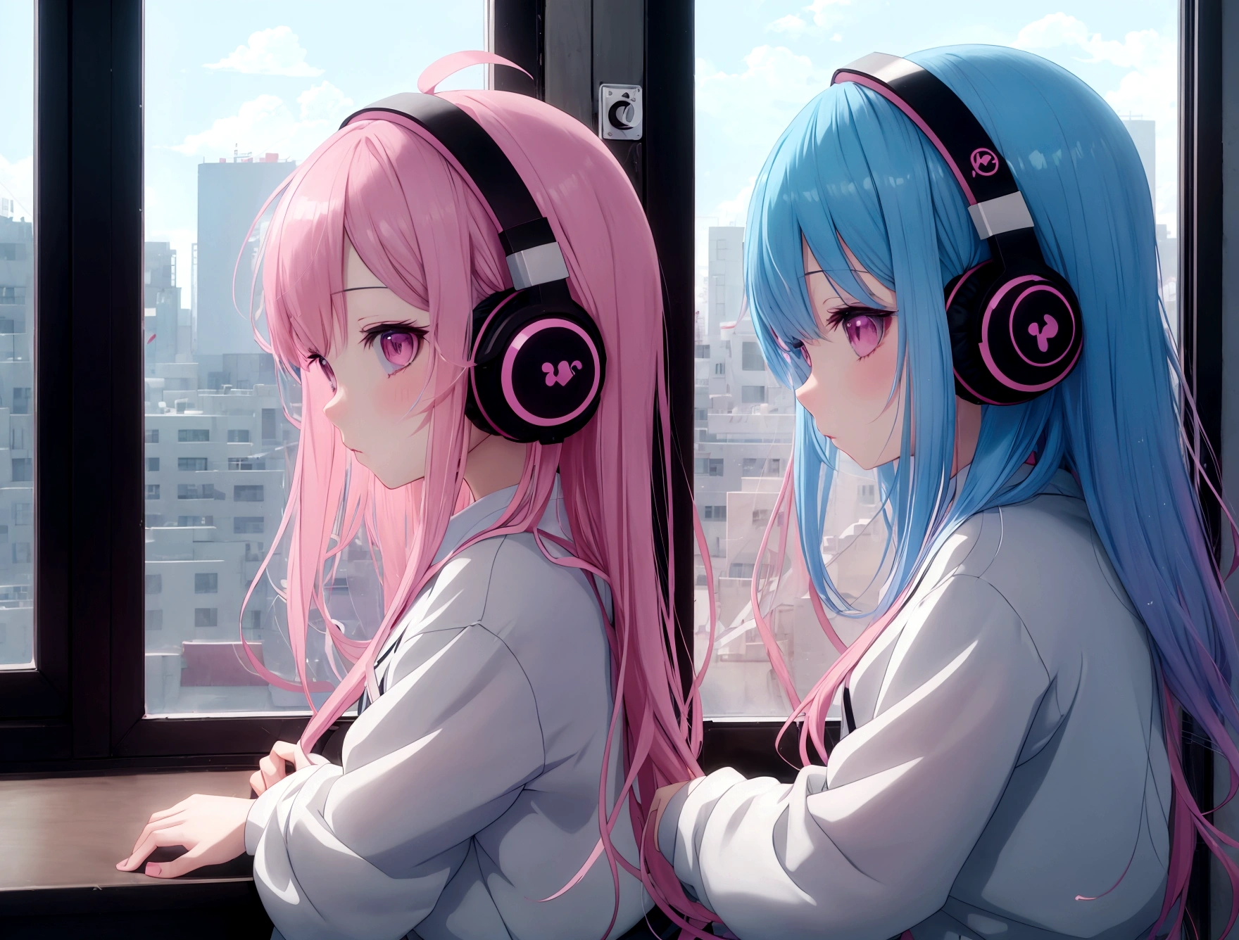 Anime girl wearing headphones looking out the window at the city, Pink long hair, Lo-fi Girl, Kaisei and Artgelm, Anime atmosphere, Lofi Artstyle, Anime Style 4k, Anime Aesthetics, Lo-fi feeling, Lofi Art, anime art wallpaper 4k, anime art wallpaper 4k, anime wallpaper 4k, An atmosphere of praise,