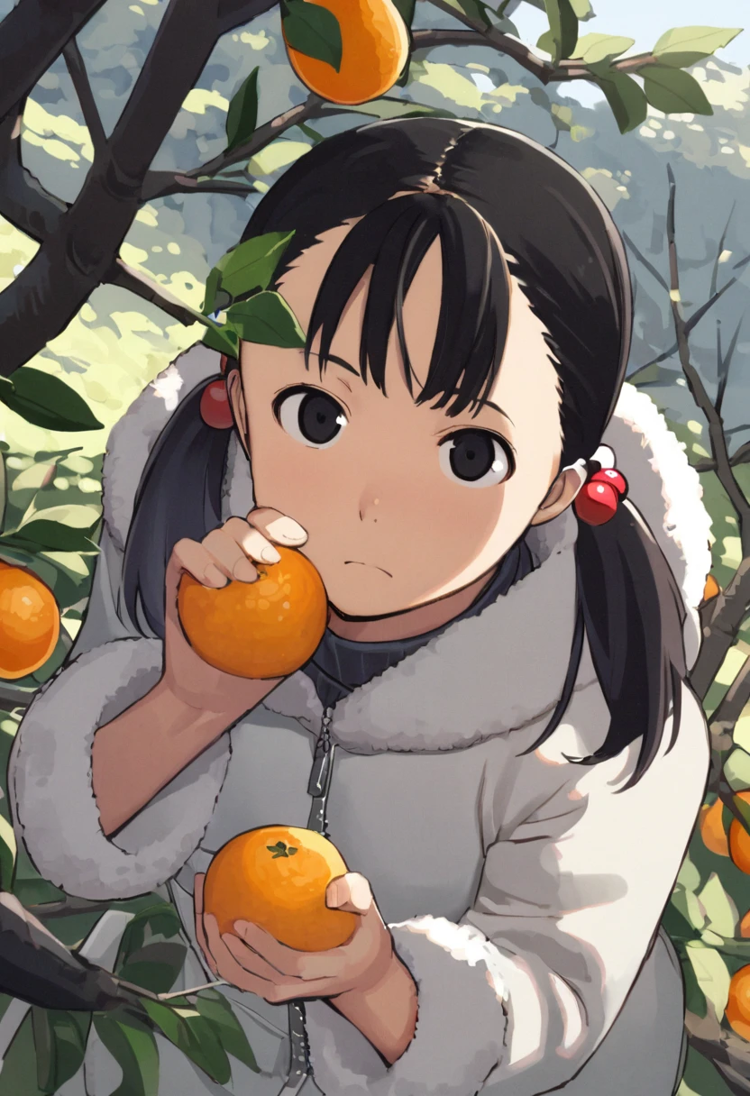 1girl, solo, giving a blowjob, pov, black hair, fruit, black eyes, tree, food, coat, hair ornament, orange (fruit), looking at viewer, upper body, short hair, closed mouth, bangs, fur trim, outdoors, hair bobbles, jacket, hood down, day, leaf, zipper, mandarin orange, winter clothes, frown, twintails, branch, turtleneck, long sleeves, sunlight, expressionless