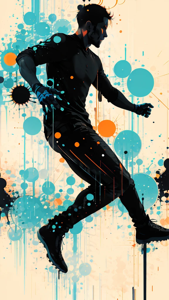 走る男性のシルエット:ダイナミックなポーズ:プロフィール,インクの飛沫,大胆な色彩,動的に,カラフル,よく見ると人のように見える抽象画,アートワーク,神秘的,デザイン