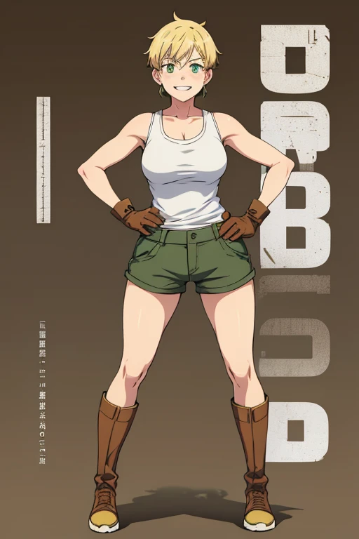 Anime Art、Full body portrait、A freckled female mechanic, about 38 years old, about 165 cm tall, wearing a white tank top and brown shorts, standing upright with her hands on her hips、Laughing with mouth open、The hairstyle is short、Blonde、wearing goggles、Green Eyes、gloves、Knee-high boots