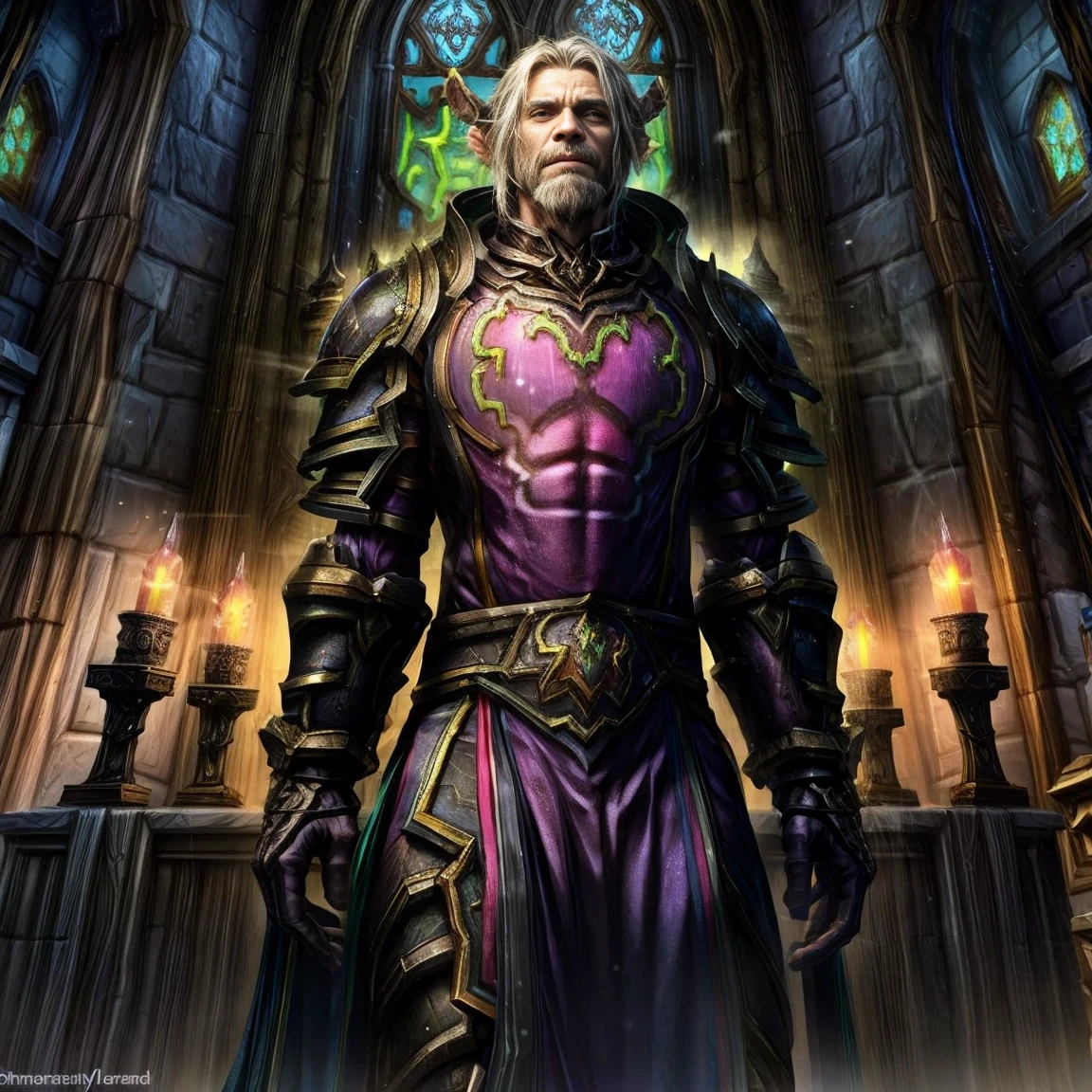 Draego, a medieval knight in shining armor, standing in front of an altar in a large cathedral, dramatic backdrop, high contrast, wide angle lens, vibrant colors, serene, detailed intricate armor, flowing cape, determined facial expression, sunlight streaming through stained glass windows, ornate altar with candles, dramatic shadows, cinematic composition, photorealistic, 8k, hyper detailed, masterpiece, (((World of warcraft stormwind:1.2)))
